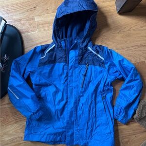 L.L. Bean Bright Blue Kids Hooded Raincoat with Navy Accents